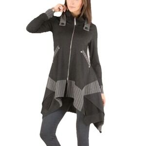 Dzhavael Couture‎  Black Gray Fitted Long Tunic Jacket  Front Zip Size Small